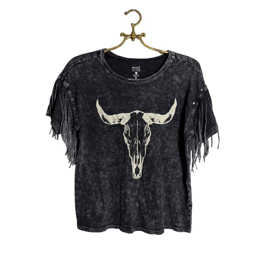 Social Scene Acid Wash Black Bull Skull Fringe Studded Graphic T-Shirt Womens M